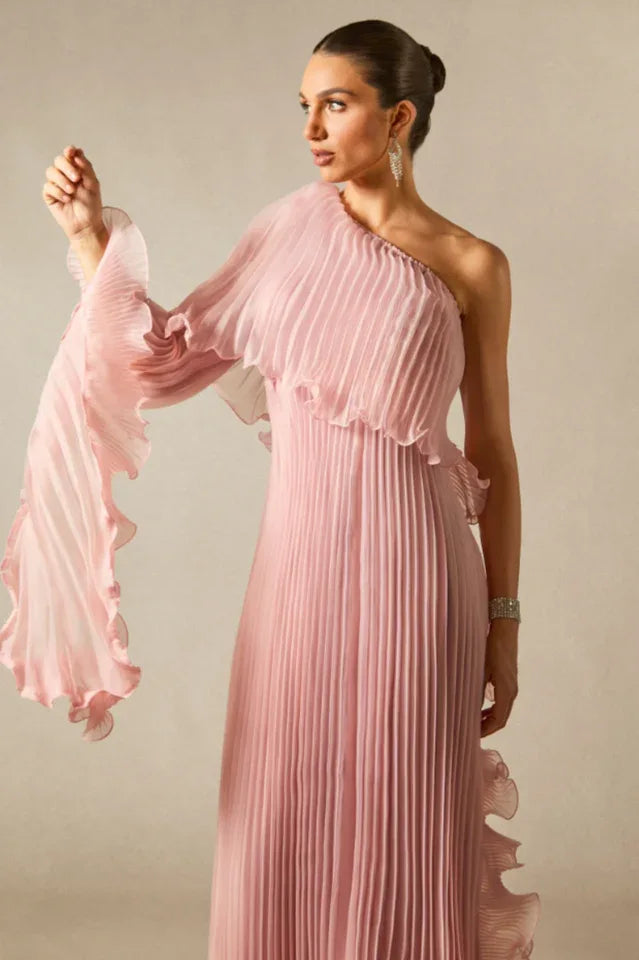 Khloe One Shoulder Pleated Ruffle Maxi Dress - TEVQA