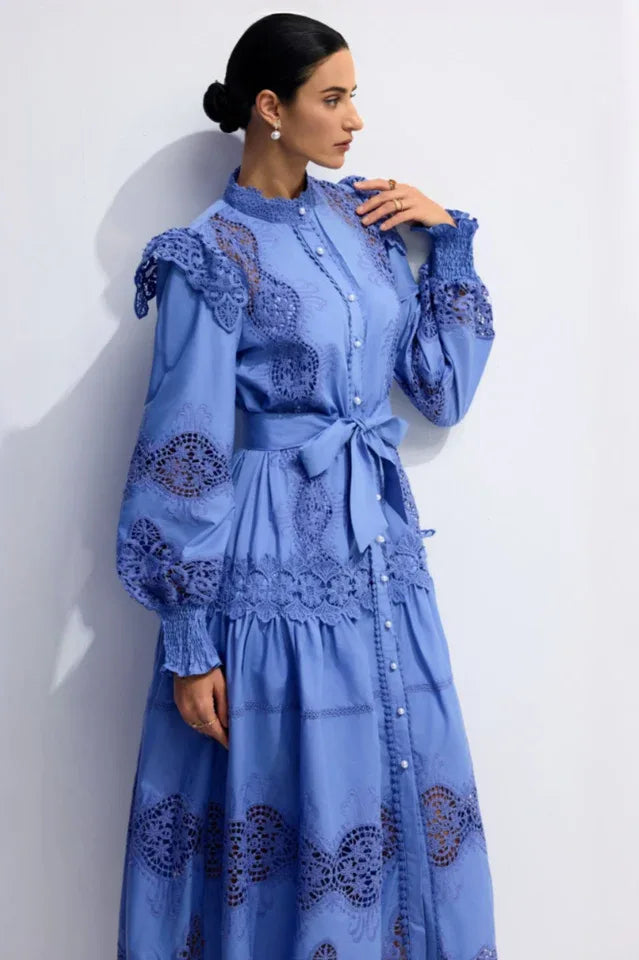 Alina Embroidered Lace Midi Dress - TEVQA