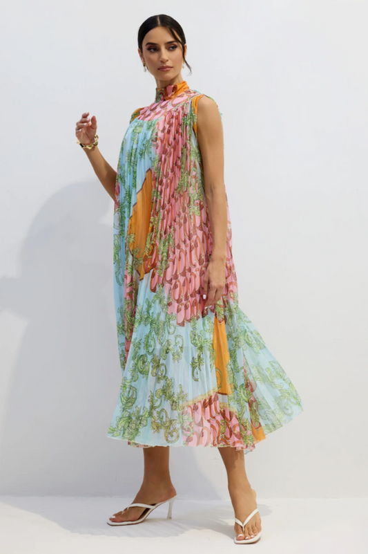 Martha Print Sleeveless Pleated Midi Dress