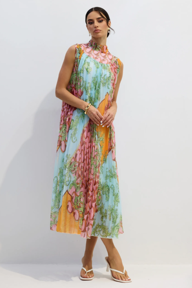 Martha Print Sleeveless Pleated Midi Dress