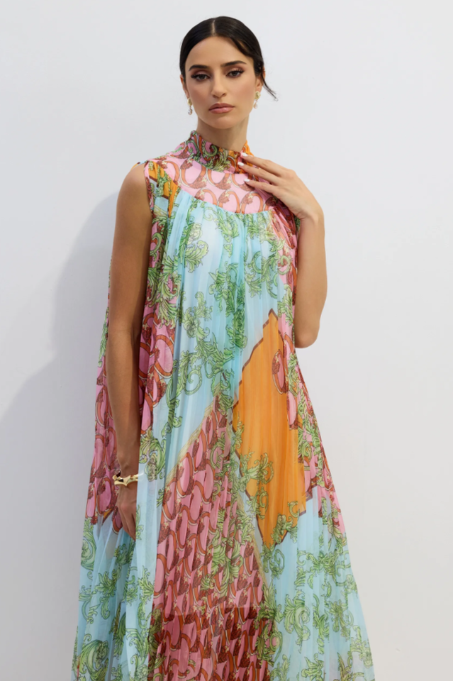 Martha Print Sleeveless Pleated Midi Dress