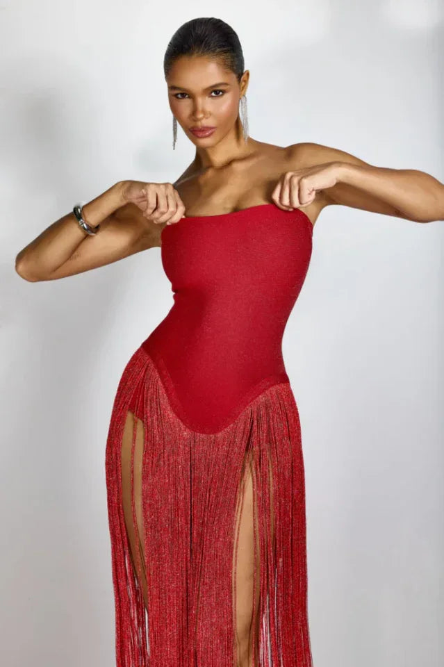 Strapless fringe maxi dress - View 8 | TEVQA
