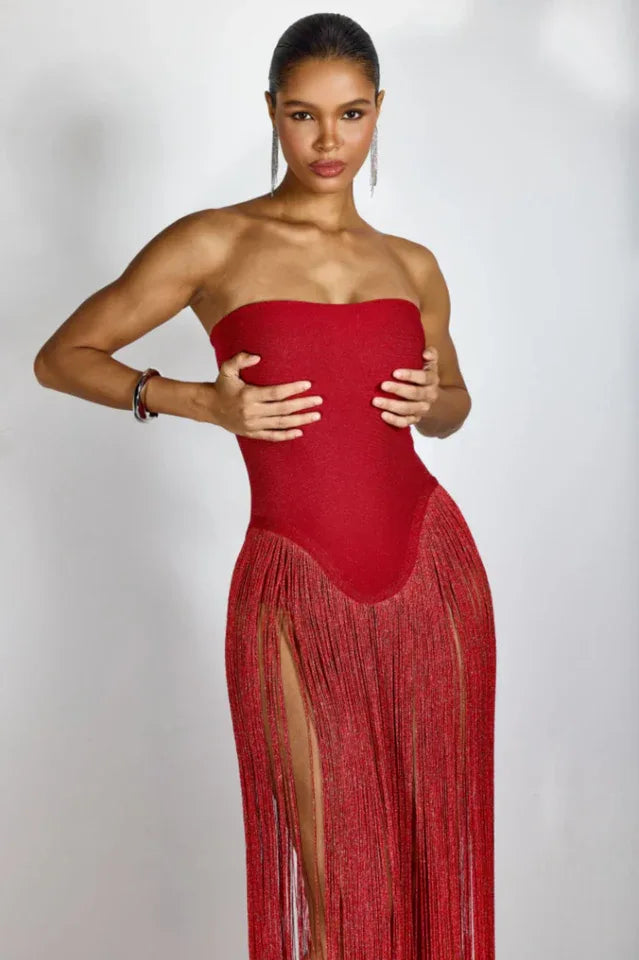 Strapless fringe maxi dress - View 7 | TEVQA