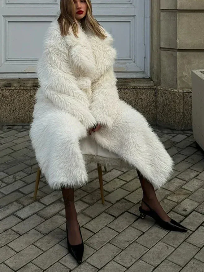 Valiery Long Shaggy Faux Fur Coat - White Belted Winter Trench Jacket - TEVQA