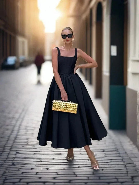 Tia Black Satin Square Neck Midi Dress - Vintage A-Line Corset Evening Gown - TEVQA
