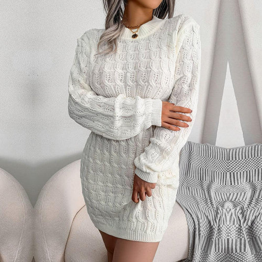 White Cable Knit Mini Sweater Dress - TEVQA