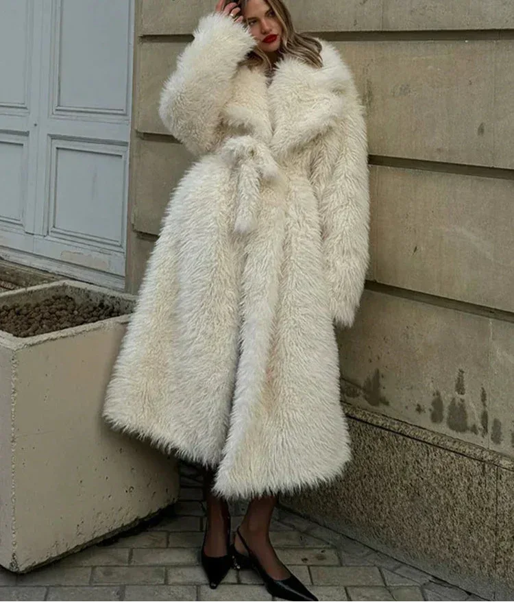 Valiery Long Shaggy Faux Fur Coat - White Belted Winter Trench Jacket - TEVQA