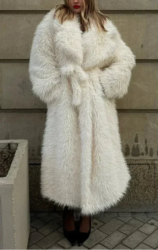 Valiery Long Shaggy Faux Fur Coat - White Belted Winter Trench Jacket - TEVQA