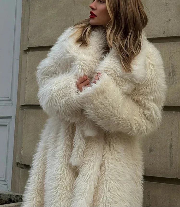 Valiery Long Shaggy Faux Fur Coat - White Belted Winter Trench Jacket