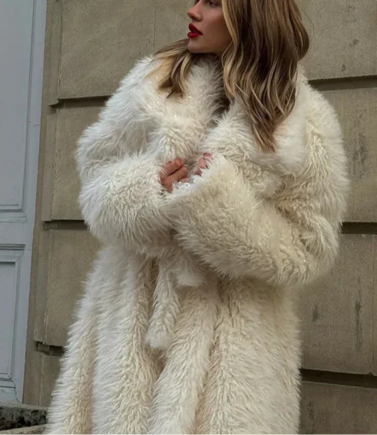 Valiery Long Shaggy Faux Fur Coat - White Belted Winter Trench Jacket - TEVQA
