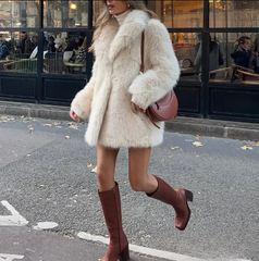 Luxe Cream Faux Fur Lapel Coat - Plush Mid-Length Winter Jacket