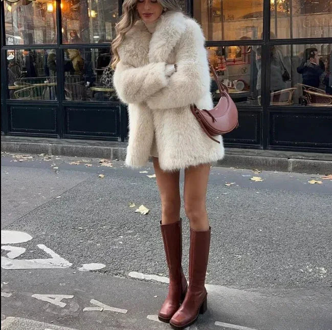 full shot of a woman in a cream faux fur coat and brown boots