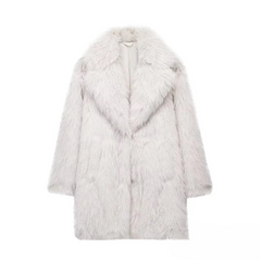 Luxe Cream Faux Fur Lapel Coat - Plush Mid-Length Winter Jacket