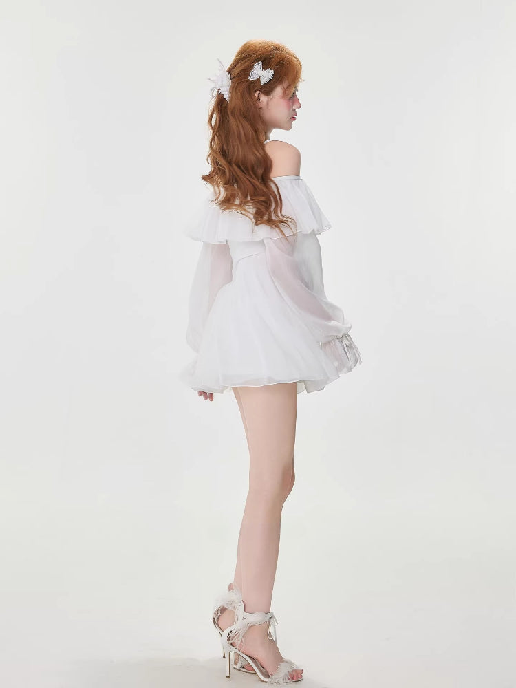 White Off-Shoulder Ruffle Swim Dress