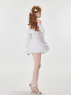 White Off-Shoulder Ruffle Swim Dress