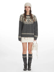 Charcoal Grey Fair Isle Crewneck Sweater - TEVQA
