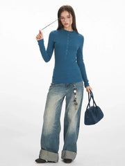Y2K Essential Ribbed Henley Long Sleeve Top - TEVQA