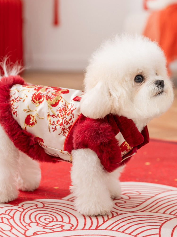 Floral dog tang suit vest with faux fur trim - View 6 | TEVQA