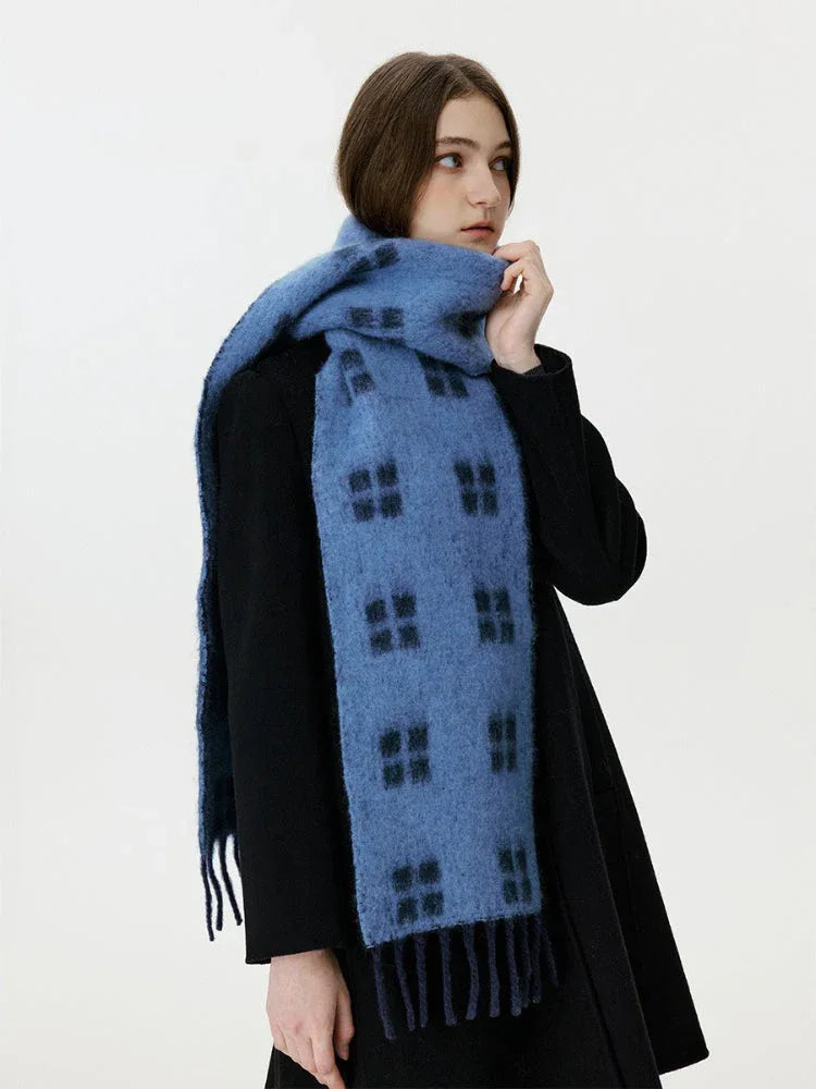 Vintage Windowpane Check Wool Blend Scarf - TEVQA