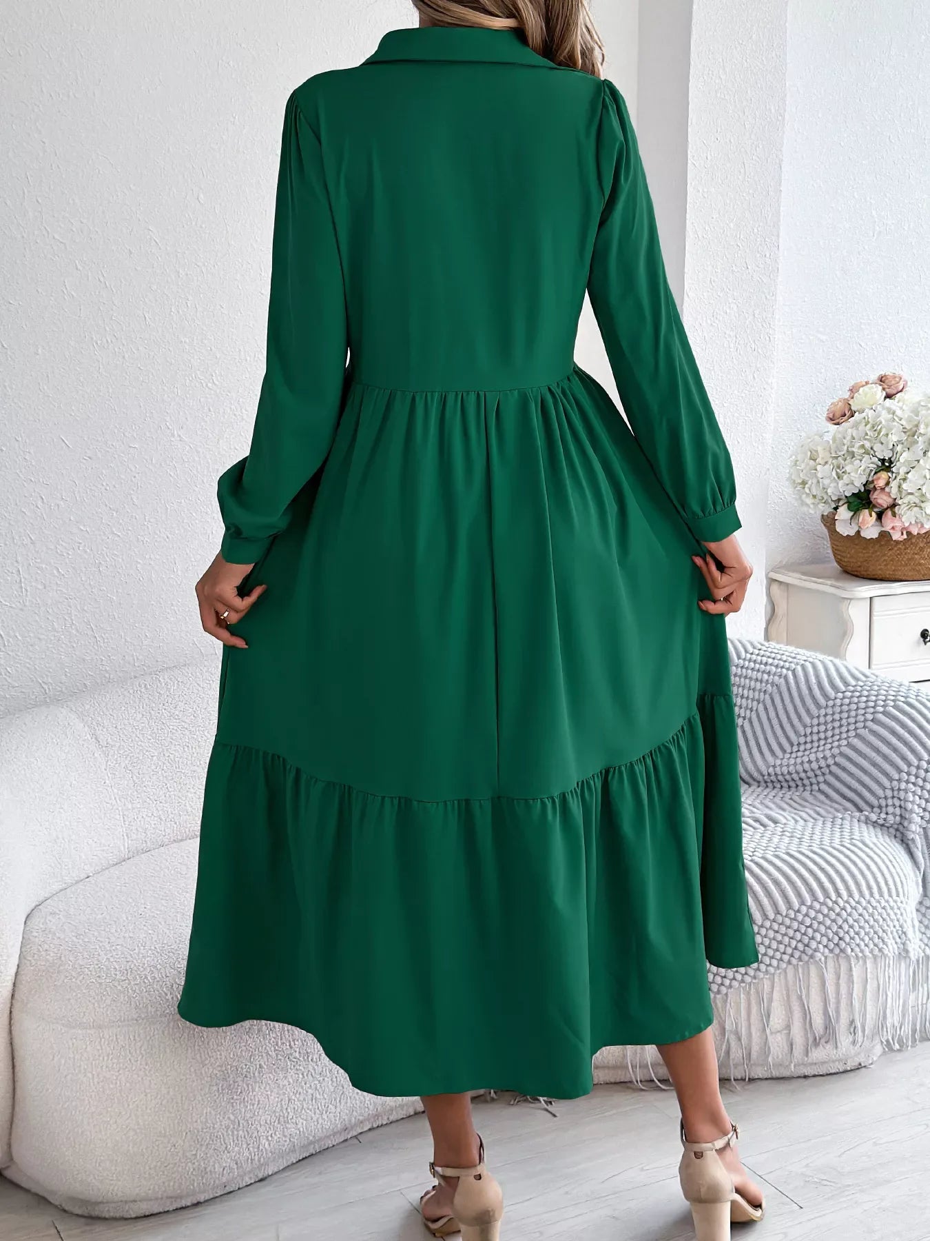 Navy Blue Ruffled Tiered Shirt Dress - View 19 | TEVQA