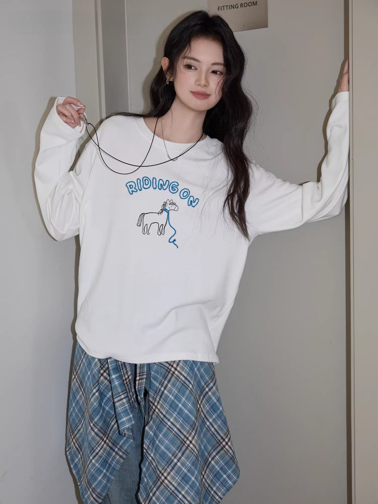 Whimsical Horse Graphic Long Sleeve Tee White
