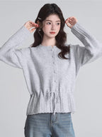 Grey Drawstring Waist Knit Cardigan Sweater - View 6 | TEVQA