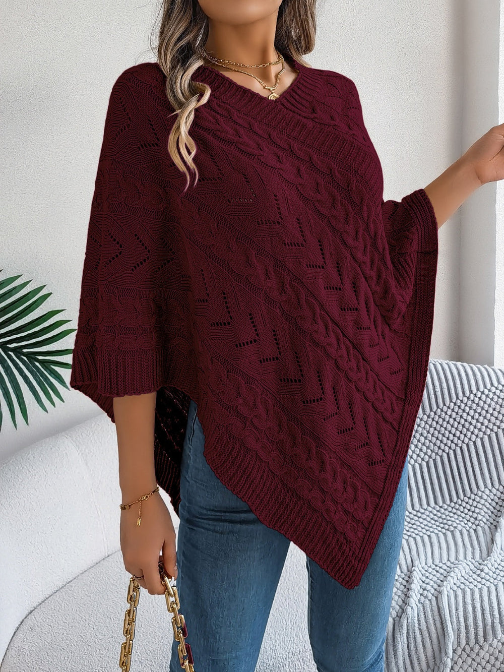 Cable-Knit Openwork Three-Quarter Sleeve Sweater OutfitFlow