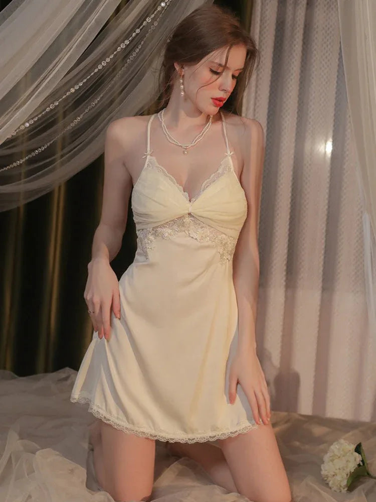 Vintage Cream | Twist-Front Lace & Mesh Satin Robe Set - TEVQA