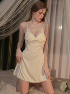 Vintage Cream | Twist-Front Lace & Mesh Satin Robe Set - TEVQA