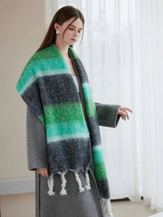 Oversized Monochrome Striped Tassel Shawl - View 12 | TEVQA