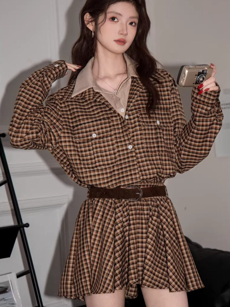 Vintage Plaid Button Down Shirt Dress with Pockets Brown