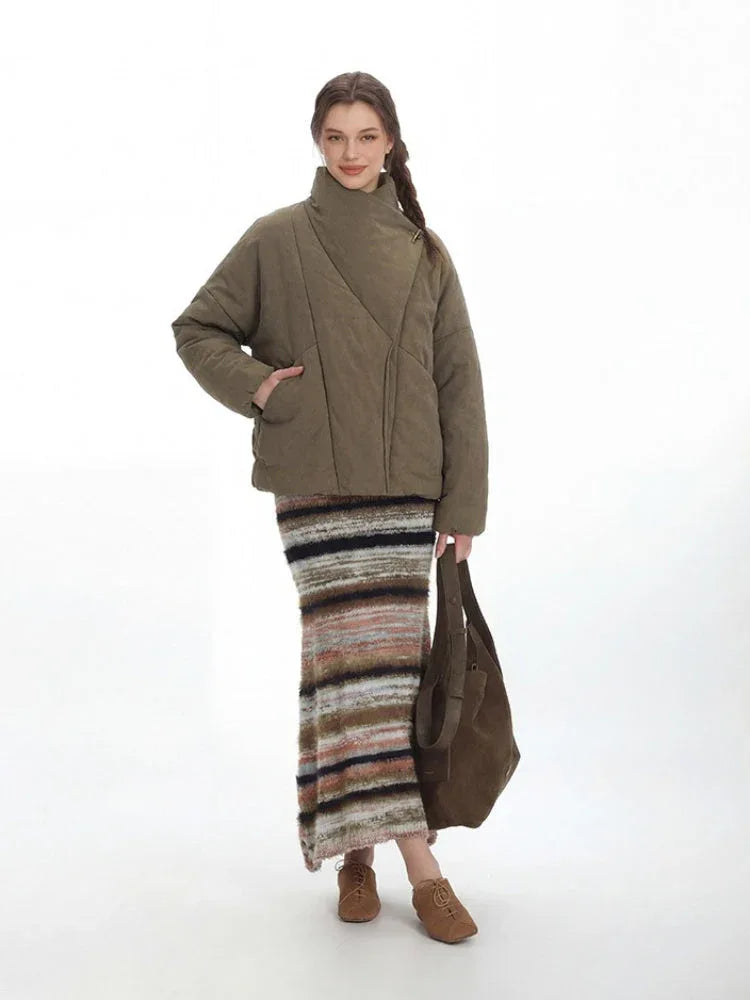 Vintage Olive Asymmetric Stand Collar Padded Jacket - TEVQA