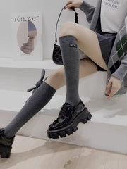 3D Rabbit Plush Ribbed Knee High Socks Grey