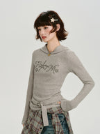 Vintage Rhinestone Hooded Knit Top Oatmeal Grey