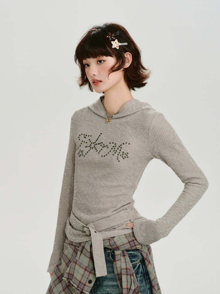 Vintage Rhinestone Hooded Knit Top Oatmeal Grey