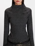 Striped mock neck long sleeve knit top - View 6 | TEVQA