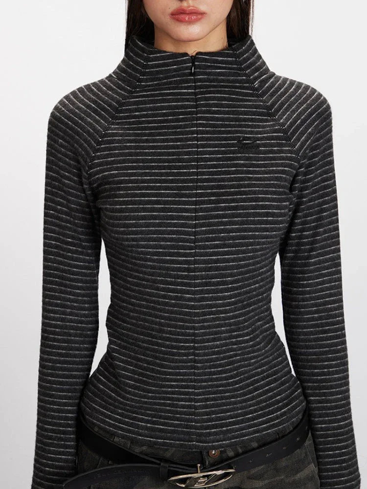 Striped mock neck long sleeve knit top - View 6 | TEVQA
