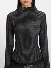 Striped mock neck long sleeve knit top - View 6 | TEVQA