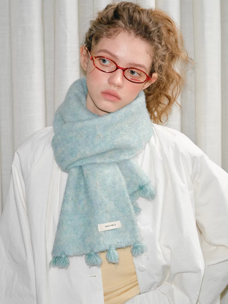 Mint Green Soft Fuzzy Knit Scarf with Tassels