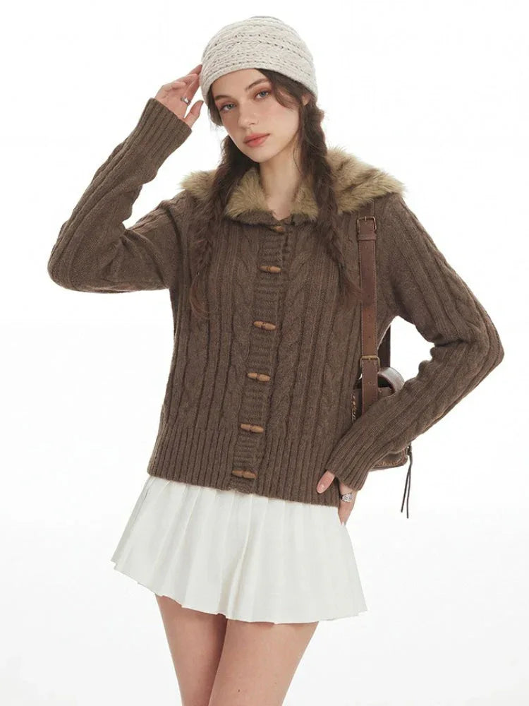 Vintage Chocolate Cable Knit Cardigan - TEVQA