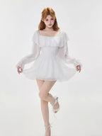 White Off-Shoulder Ruffle Swim Dress