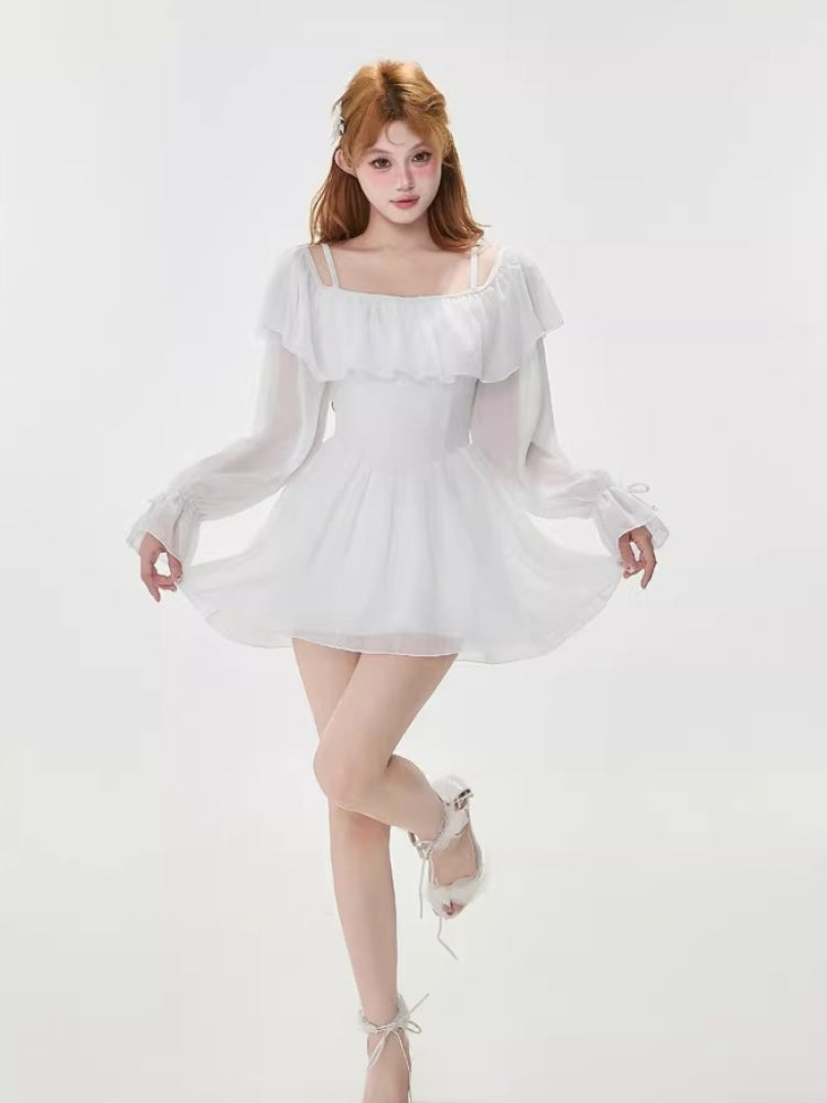 White Off-Shoulder Ruffle Swim Dress
