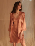 Pearl White Satin Lace Robe & Nightgown Set - View 9 | TEVQA
