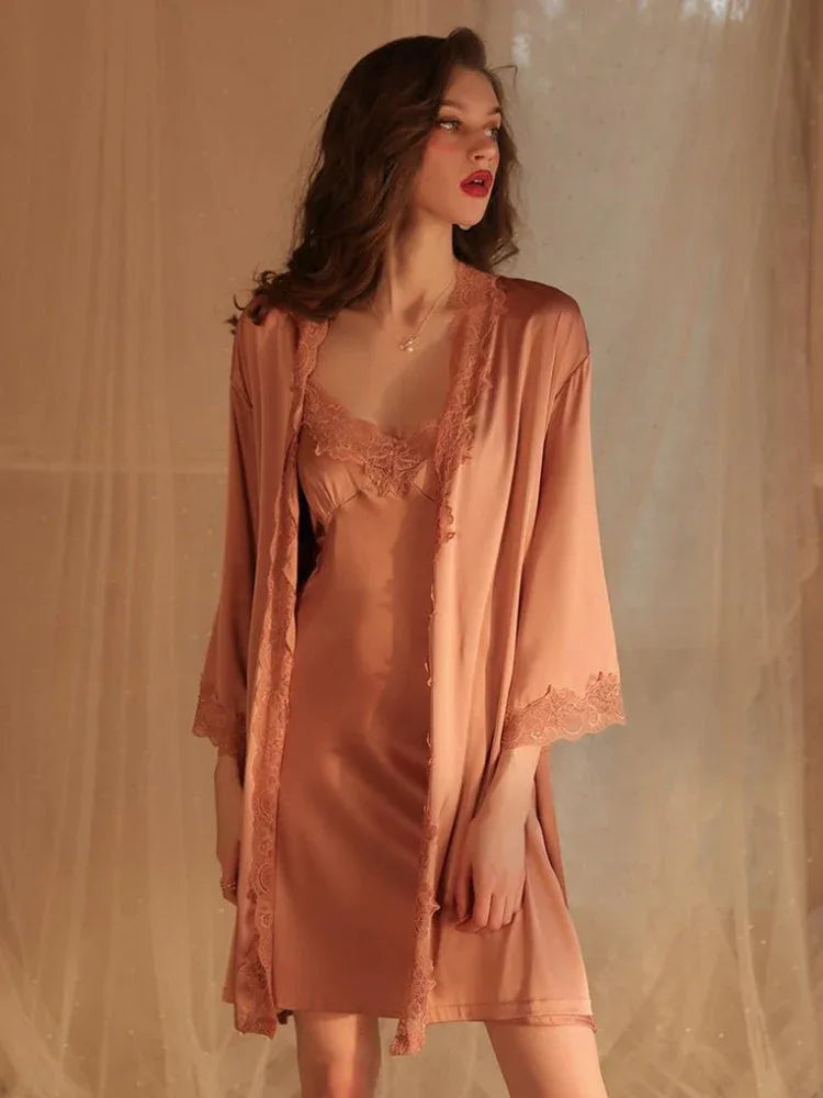 Pearl White Satin Lace Robe & Nightgown Set - View 9 | TEVQA