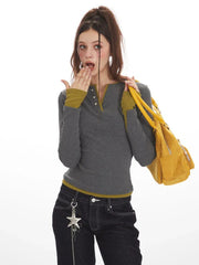Y2K Grunge Faux Layered Henley Top - TEVQA
