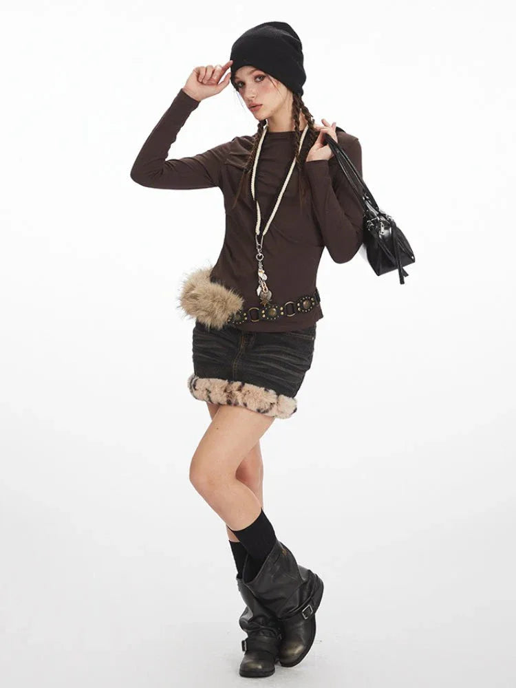 Y2K Mocha Ruched Slim Fit Long Sleeve Top - TEVQA