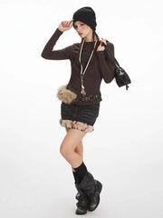 Y2K Mocha Ruched Slim Fit Long Sleeve Top - TEVQA