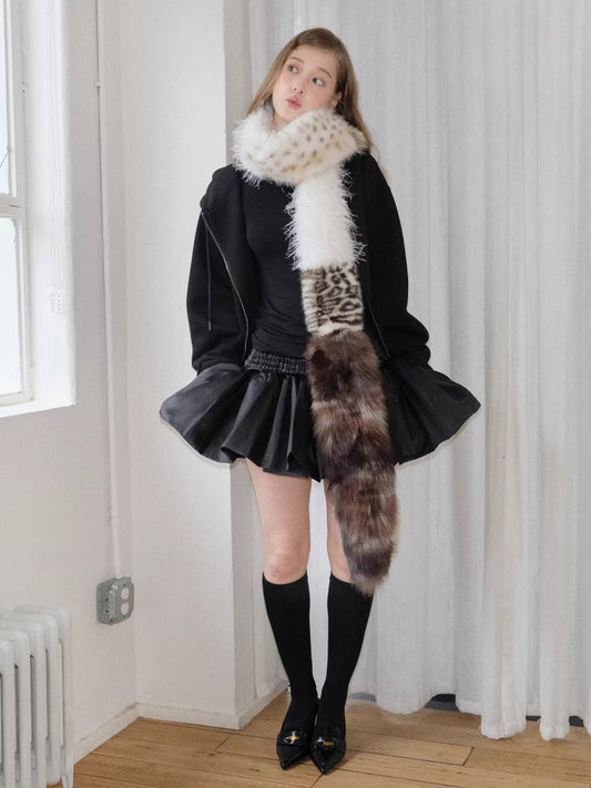 Patchwork Faux Fur Scarf Leopard Print Extra Long 96 Inch Y2K