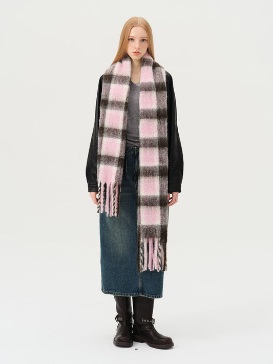 Wool Blend Pink & Brown Plaid Scarf