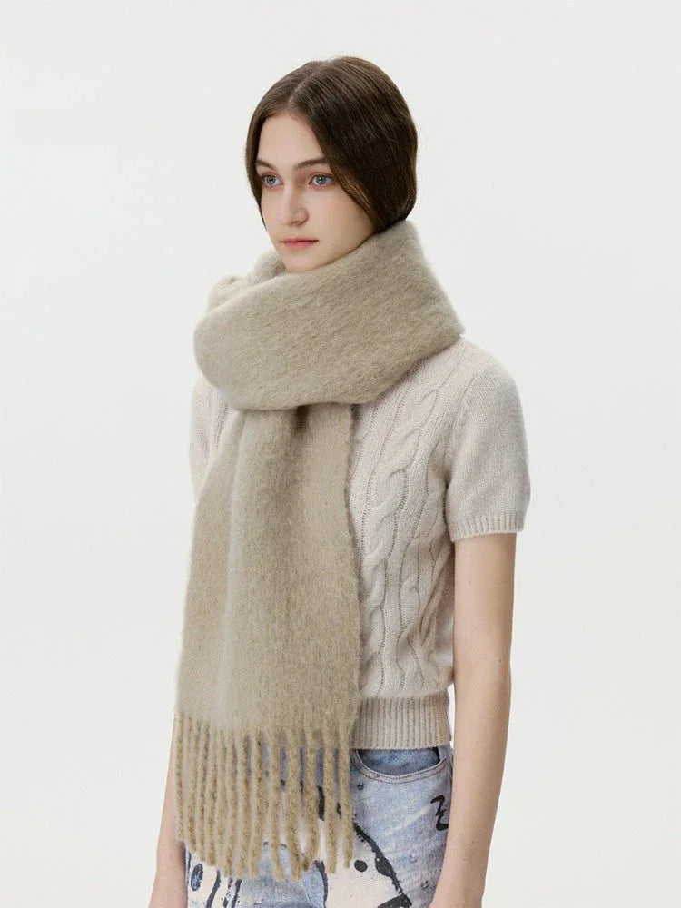 Soft dusty blue wool blend scarf with extra long tassels - View 6 | TEVQA